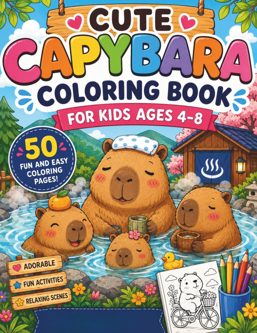 Cute Capybara Coloring Book for Kids Ages 4–8: 50 Fun and Easy Coloring Pages Featuring Adorable Capybara Adventures, Activities, and Relaxing Scenes