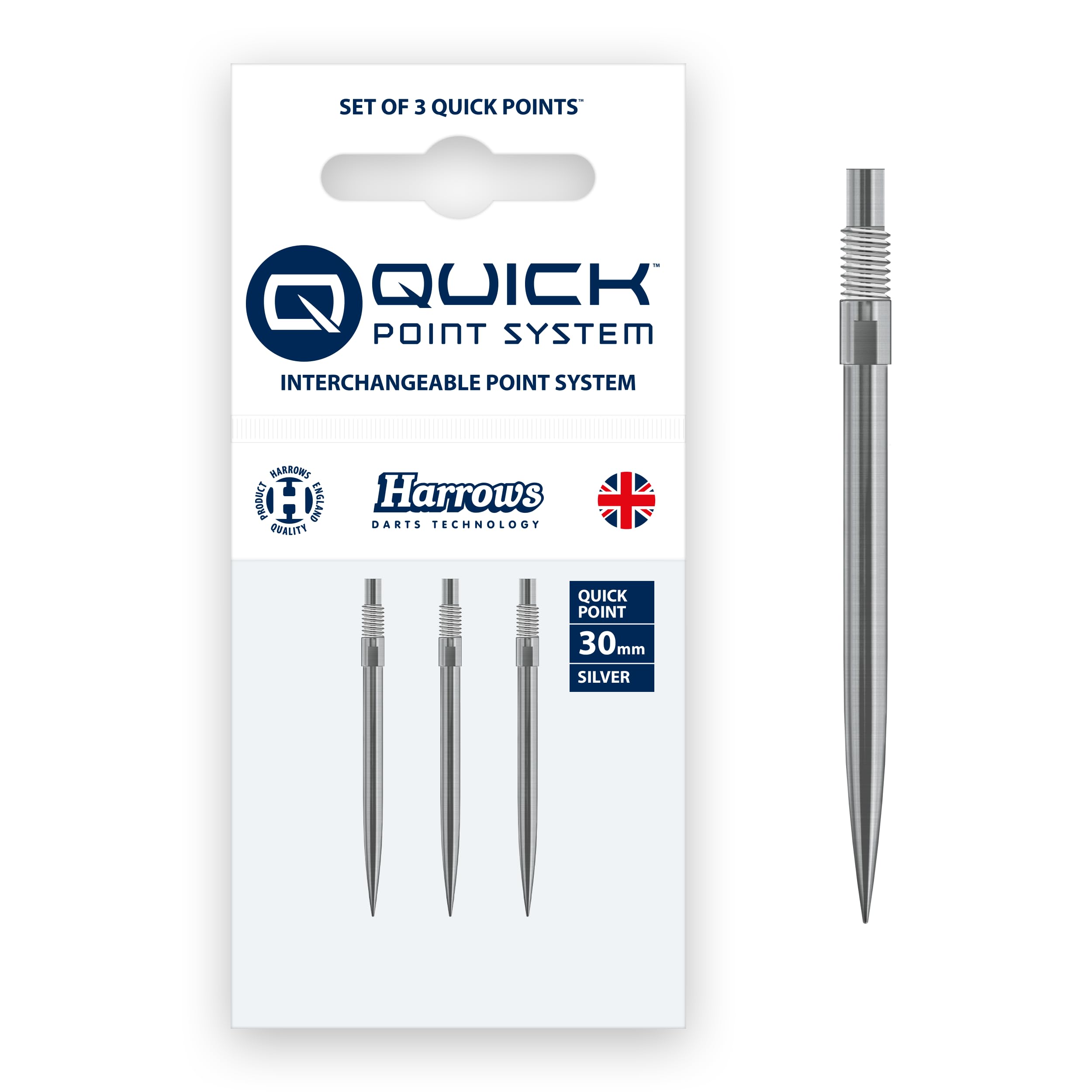 Harrows Quick Point Steel Tip Dart Points | Replacement Darts Tips in Black & Silver | 26mm, 30mm, 35mm, 40mm & 42mm | Compatible with QP System (Silver, 30MM)