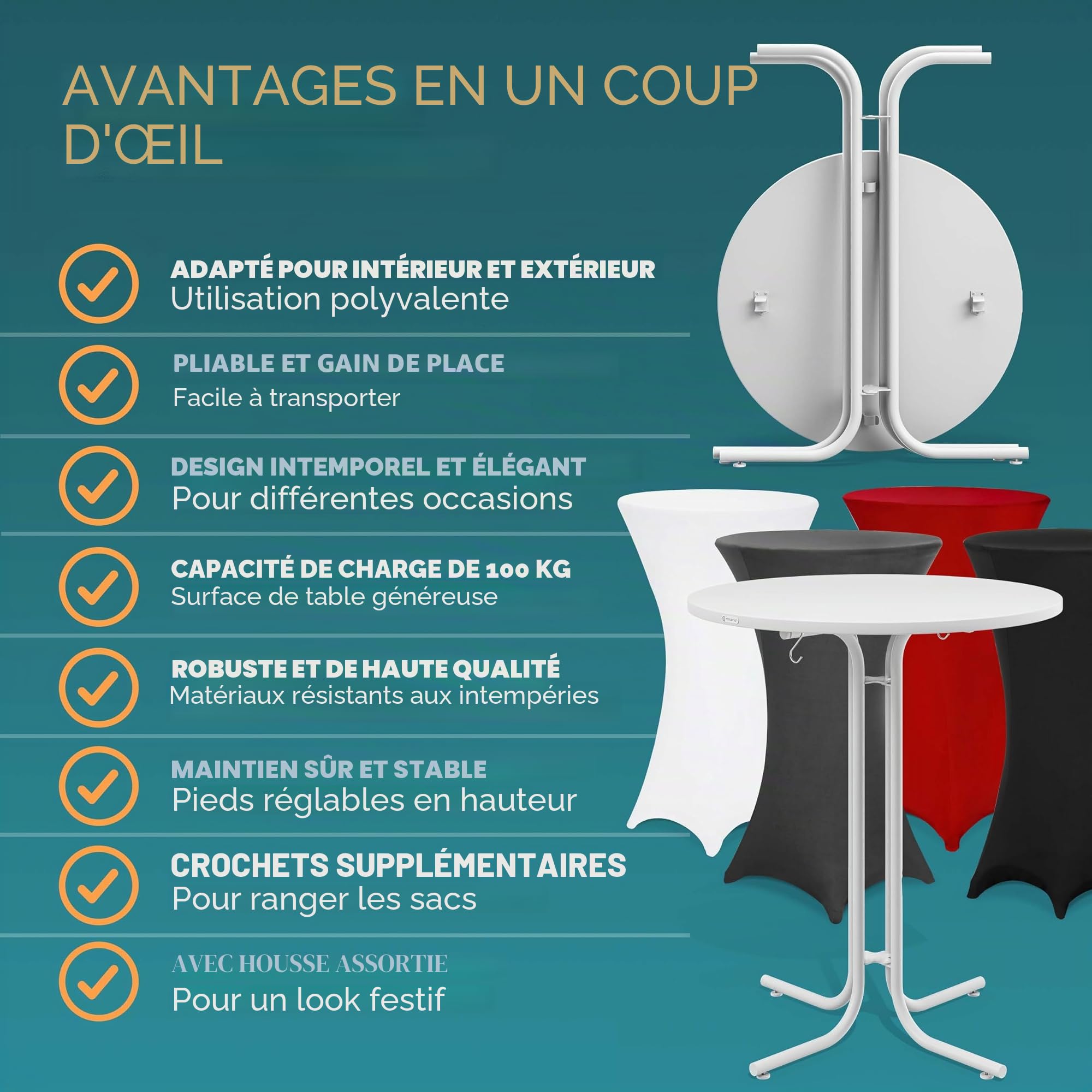 Casaria® Table Mange Debout Pliable 80x110 Cm Blanc avec Housse Élastique Lavable Table Bistrot Mange Debout Pliant Bar Intérieur Extérieur Métal Stable Plateau MDF Résistant 100 Kg