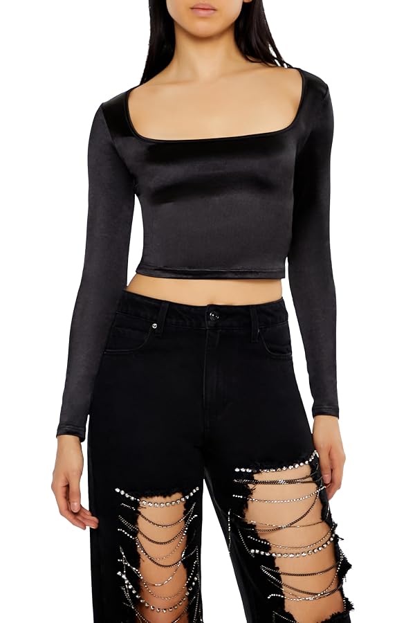 Forever 21 Women's Satin Square-Cut Crop Top Black Medium by Forever 21 - Used condition - US$7.23