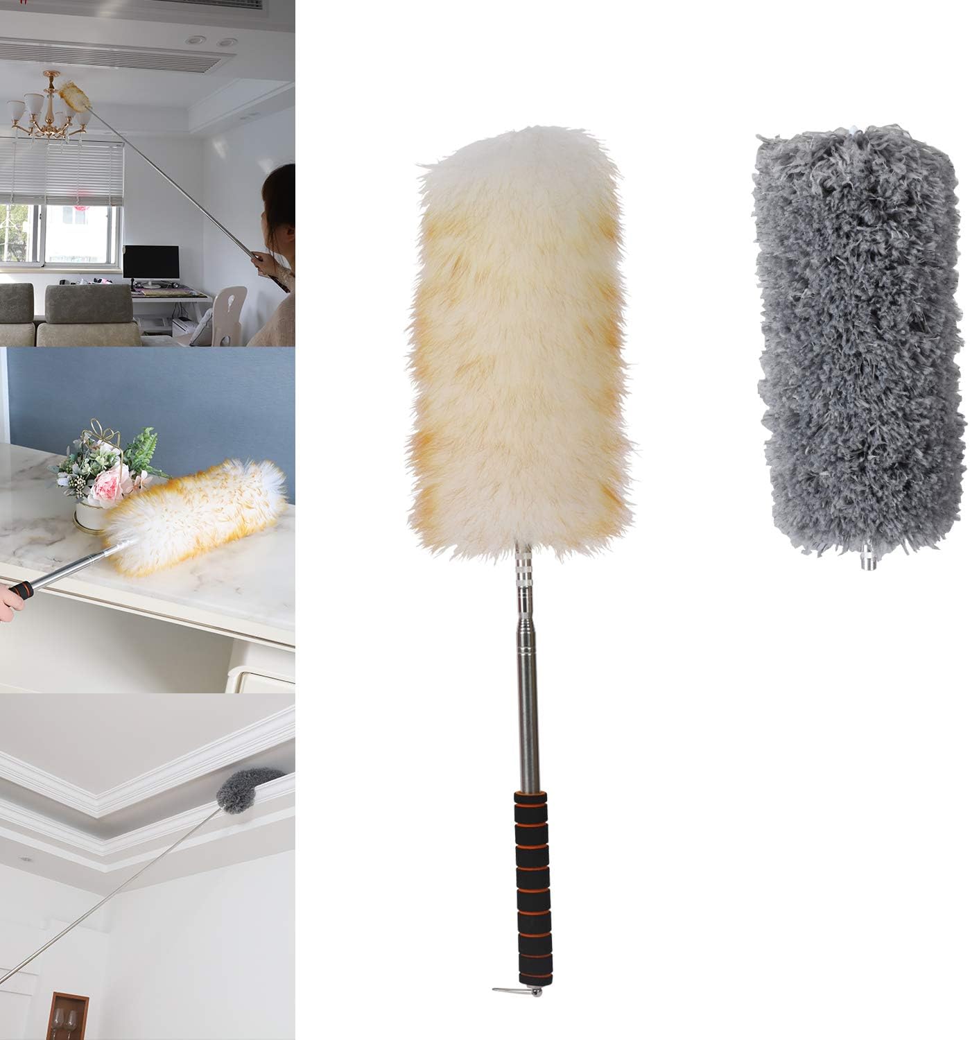 Lambswool Duster with Extra Flexible Microfiber Head,Long Reach/Extendable Duster Up to 86" for Cleaning High Ceiling Fan, Interior Roof, Cobweb, Keyboard, Furniture