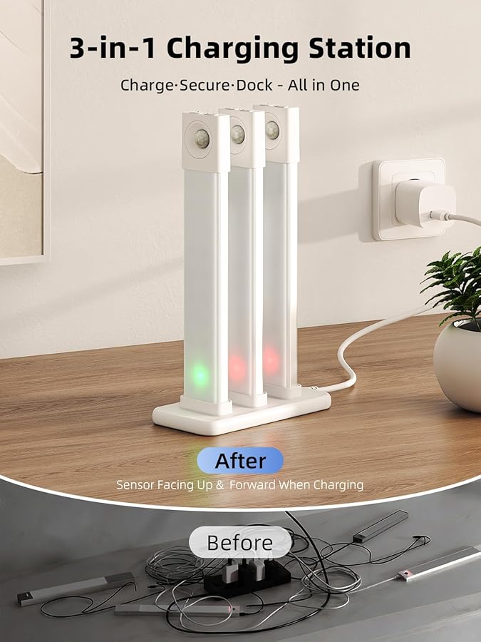 EZVALO 6 Pack LED Under Cabinet Lights Wireless with Charging Station, 8 inch Motion Sensor Light Indoor, 1100mAh Rechargeable, 3 Color Temperatures, Dimmable Closet Lights for Pantry, Hallway, Stair - image 3