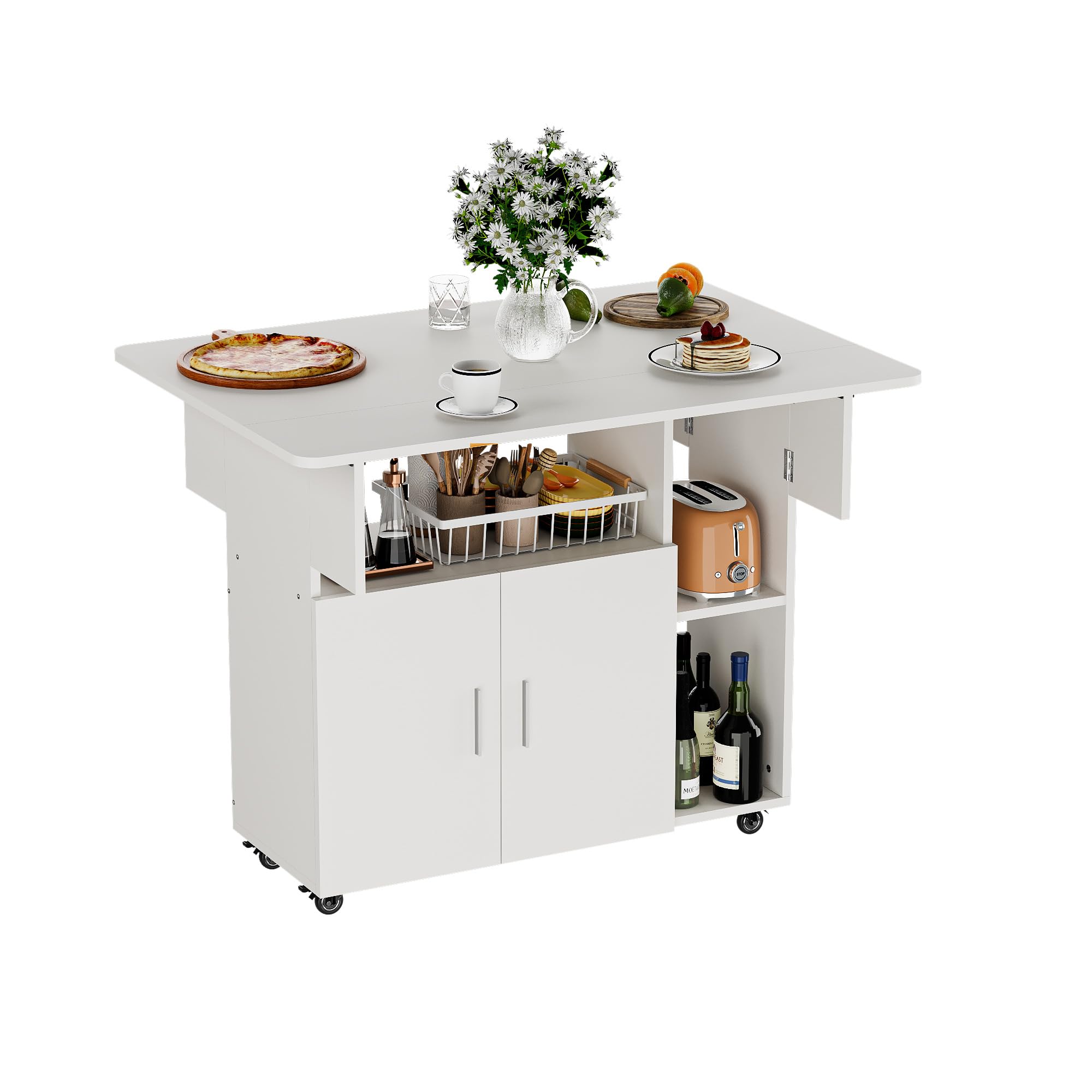 Table à Manger Pliante, Mobile Table de Cuisine avec roulettes pour 6 Personnes avec 1 Grande Armoire et 3 Compartiment Ouvert, pour Petits espaces, Salle à Manger, 100 x 70 x 79 cm Blanc