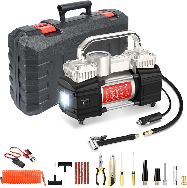 Bomba de compresor de aire de caja de herramientas portátil de 12 V | con kit de reparación de neumáticos, bombilla de aire LED de doble cilindro de inflado 6X más rápido para automóviles,SUV, camioneta, pickup, bolas,RV,furgoneta,caravana
