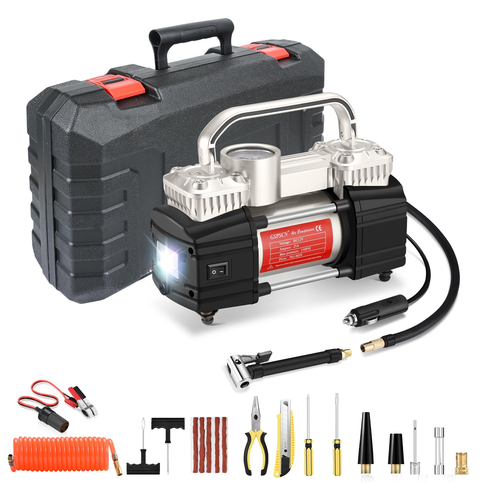 GSPSCN 6X Faster Inflation Portable Air Compressor Pump Dual Cylinder Heavy Duty Tire Inflator with LED Light,150 PSI 12V Air Pump with Tire Repair Kit and Toolbox for Auto,SUV,Truck tires etc