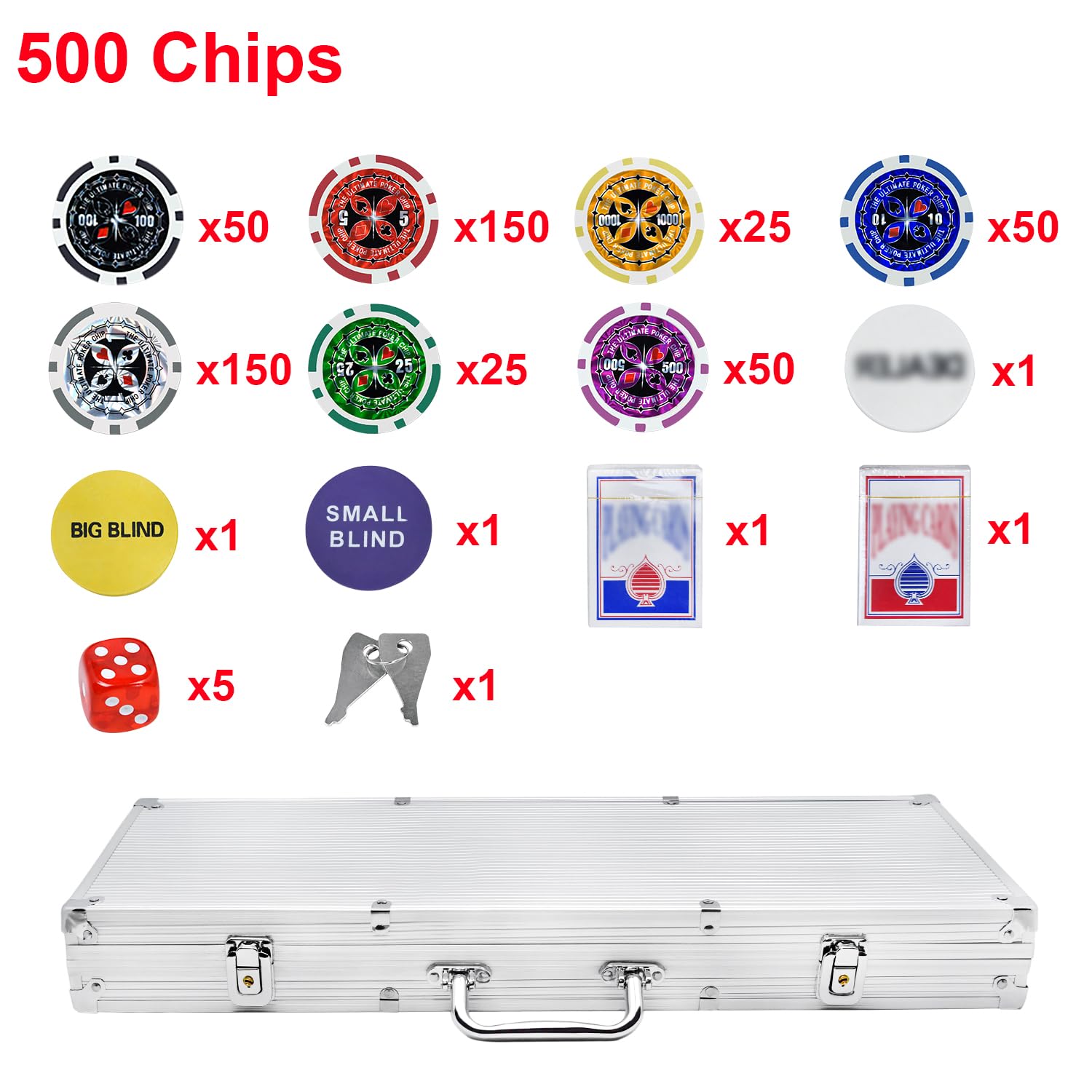 HENGMEI Set da poker con 500 chip laser da poker con valigetta argentata