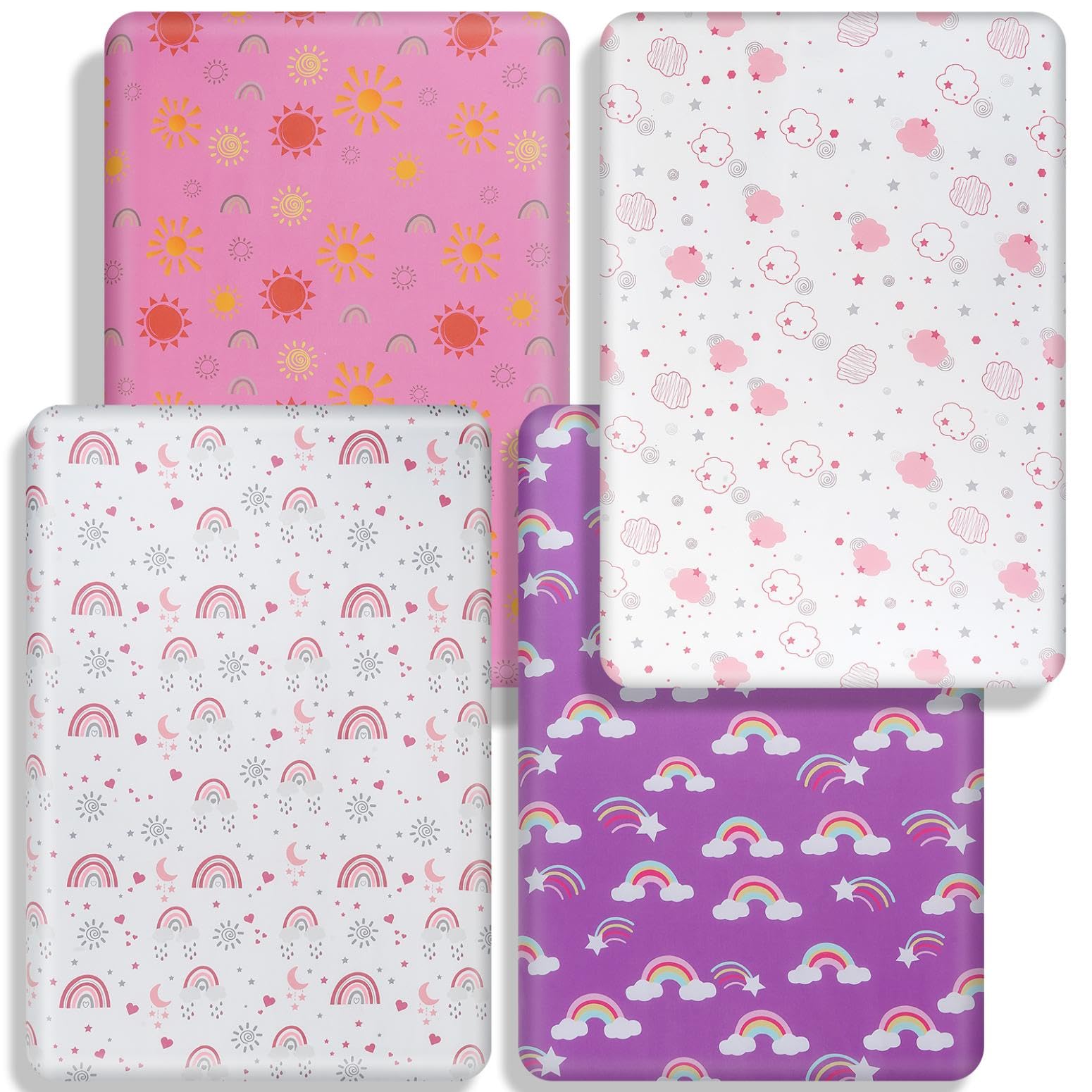4 Pack Sun & Rainbows Crib Sheets Girl, Breathable Soft Microfiber Fitted Baby Crib Sheets, 28 X 52 in Crib Mattress Sheets for Standard Crib & Toddler Mattress
