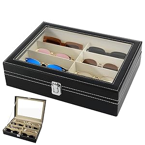VFANDV VFANDV Organizador Gafas de Sol con 8 Compartimentos, Expositor Gafas de Sol con Ventana de Visualización, Caja Gafas de Piel Sintética para Hombres y Mujeres (Negro)