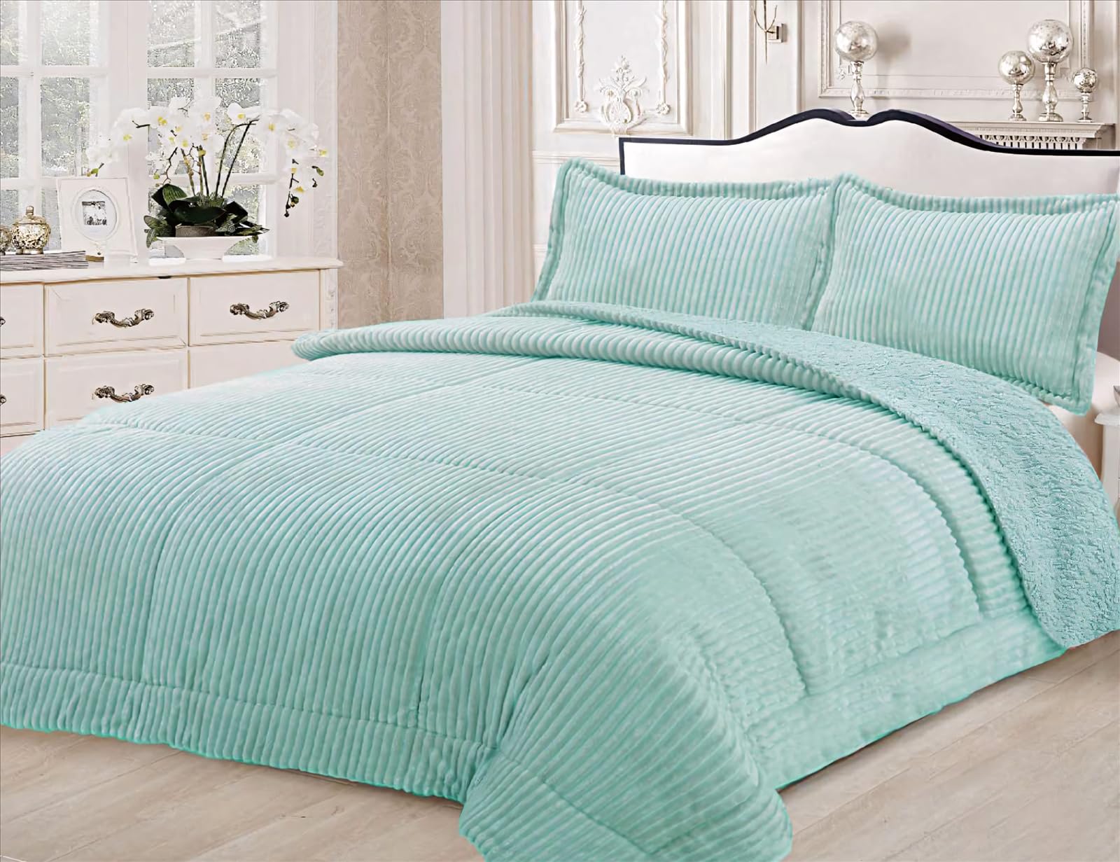 Edredón nórdico con Borreguito Ultra Suave y cálido Set de Cama con Funda de Almohada (Verde Agua Rayas, Cama 135 y 150 cm (240x260 cm))