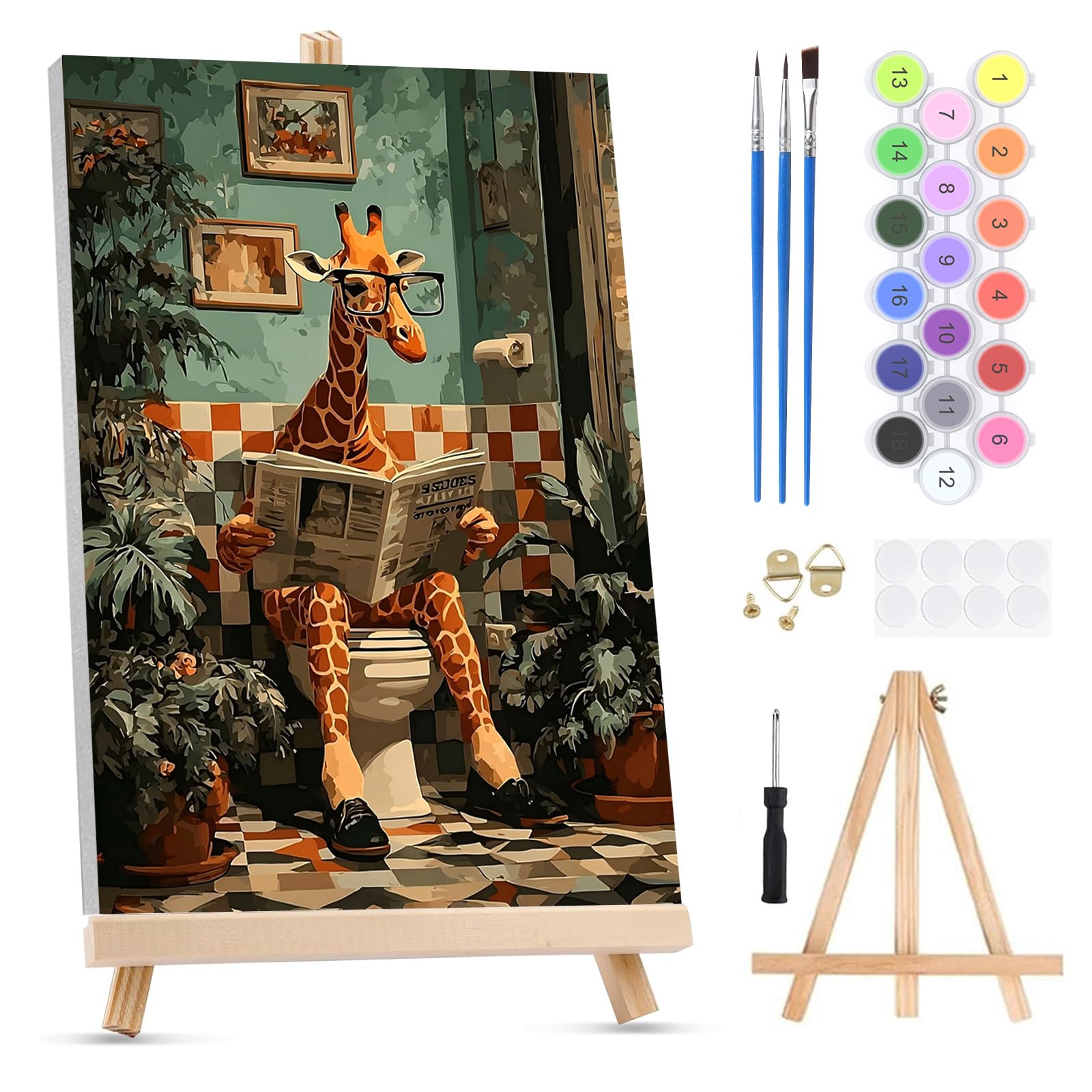 QENSPE Paint by Numbers for Adults on Framed Canvas - with Wooden Easel, Giraffe Painting by Number Kit for Beginners, DIY Toilet Acrylic Oil Painting for Home Wall Decor (8x12 inch)