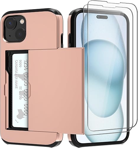 Funda protectora resistente compatible con iPhone 15 con tarjetero (2 unidades), protector de pantalla a prueba de golpes, cartera oculta para