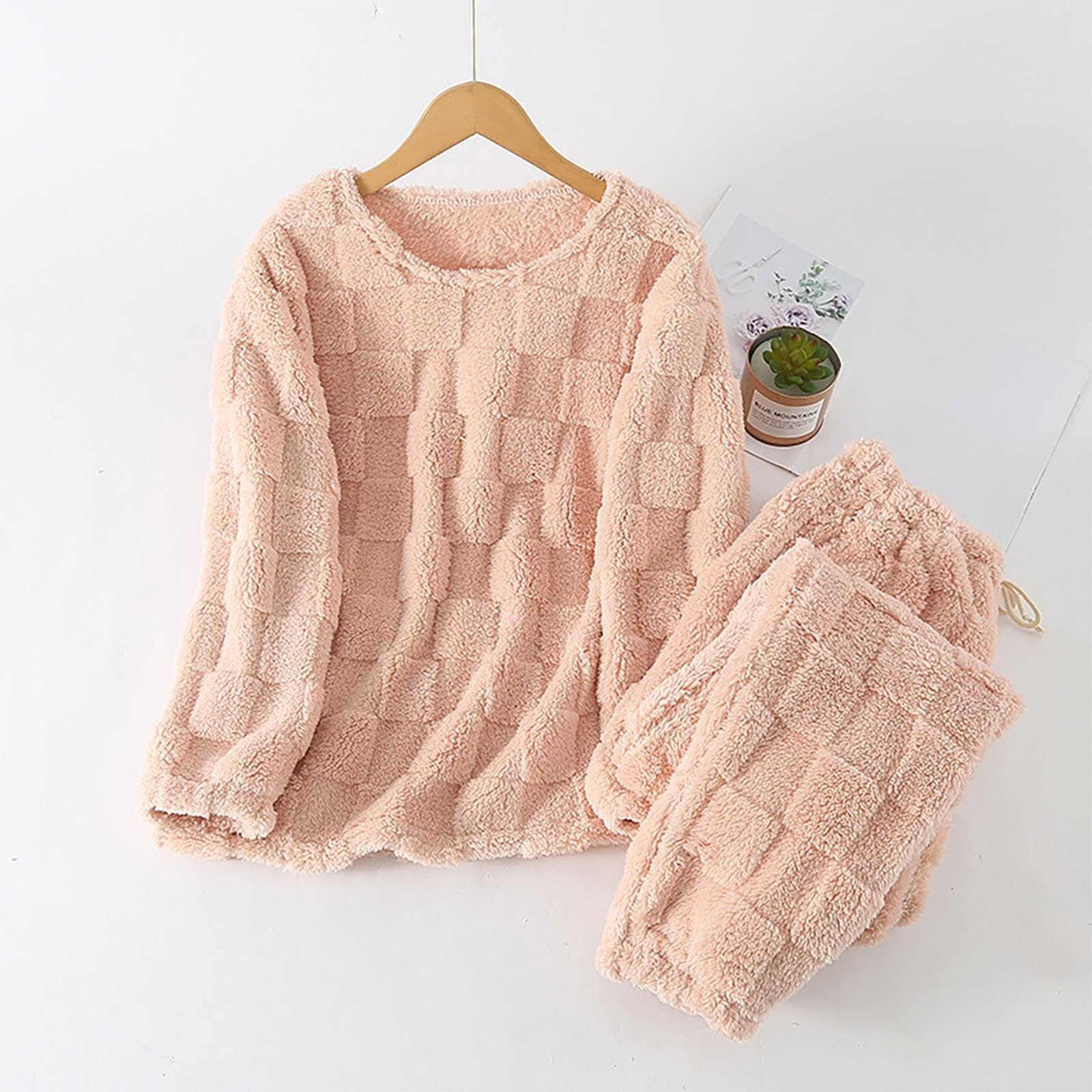 Generisch Pijama de franela para mujer, conjuntos de pijama de felpa mullido, cuello redondo, jersey de manga larga, ropa de salón, holgada, acogedora, juego de invierno, ropa de dormir térmica de dos