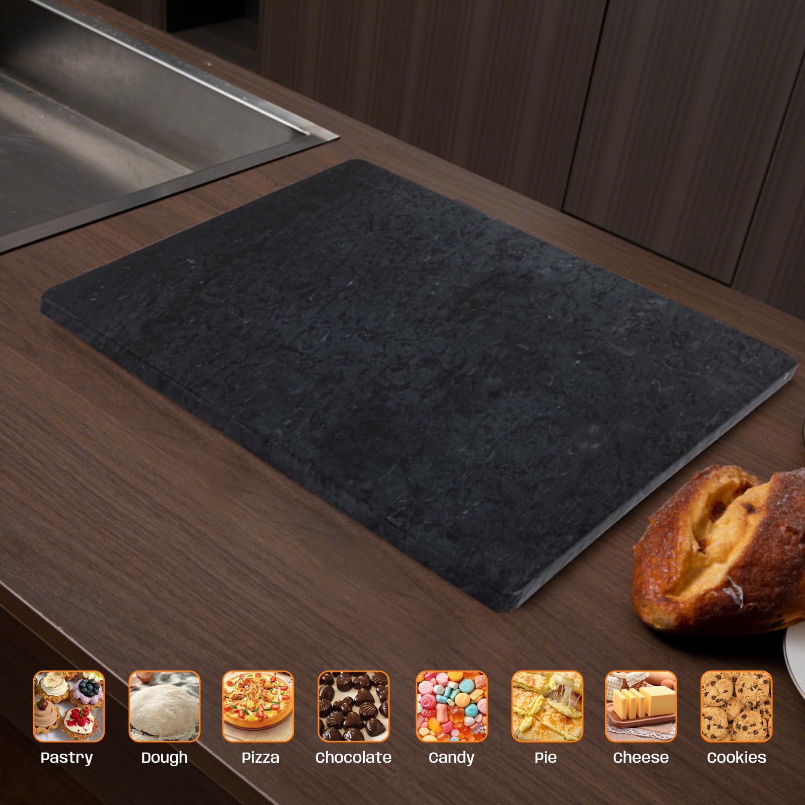 Planche à découper en marbre noir 30,5 x 40,6 cm avec pieds antidérapants pour fromage, charcuterie, pâte, chocolat, dessert