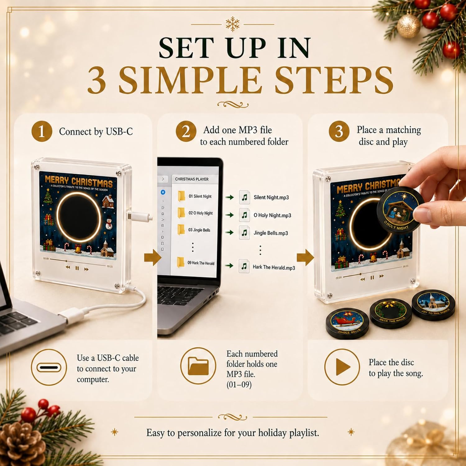 Christmas Vinyls, Christmas Vinyl Player Fridge Record NFC Magnetic Music Box Set, Mini Jingle Magnets, 9 Interchangeable Discs, 128mb Built in Storage, Led Acrylic Frame, Aesthetic Desk Decor Gift
