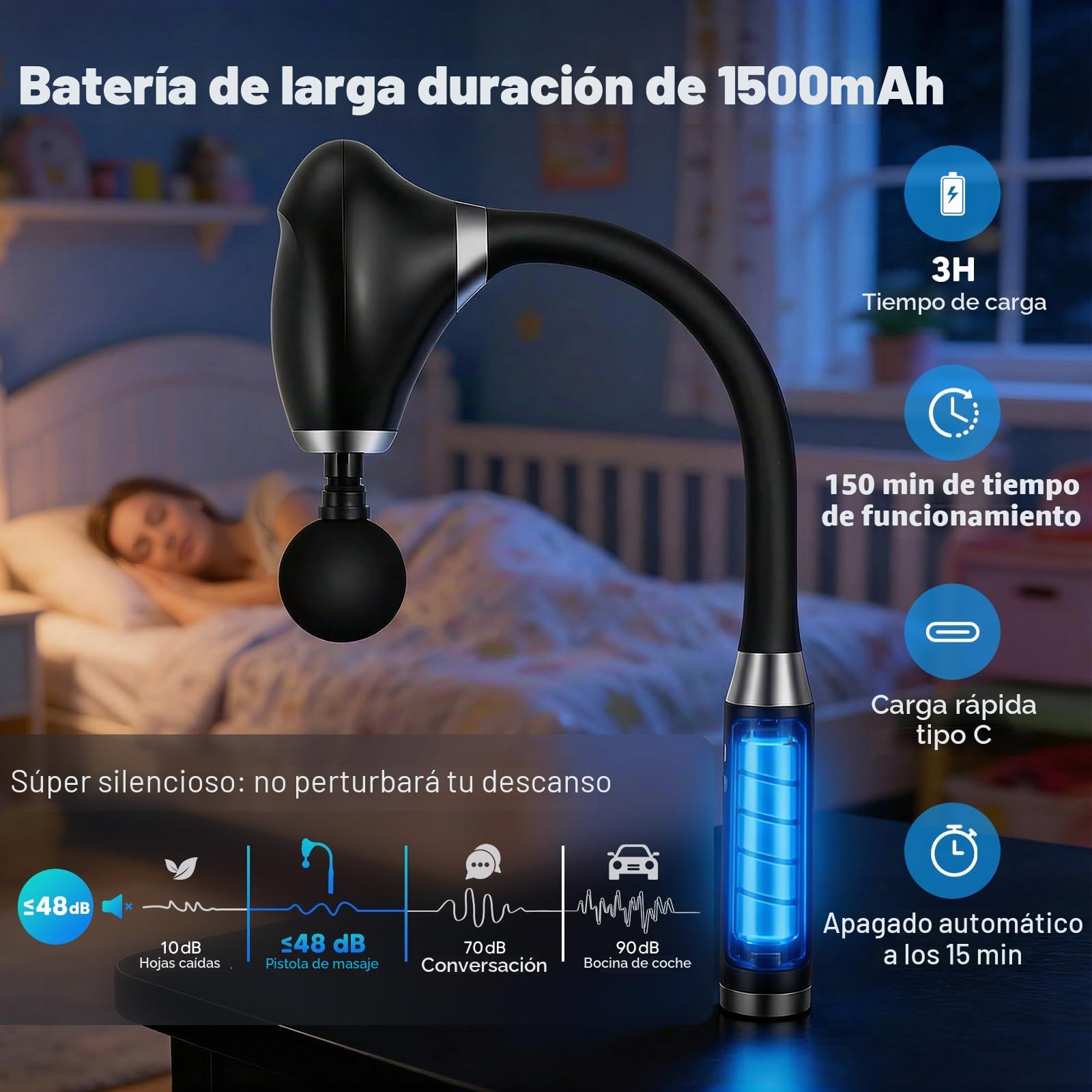 Pistola de masaje de tejido profundo, masajeador muscular manual ergonómico con 8 cabezales y 5 niveles de velocidad — para la relajación muscular de espalda, hombros, cintura y piernas