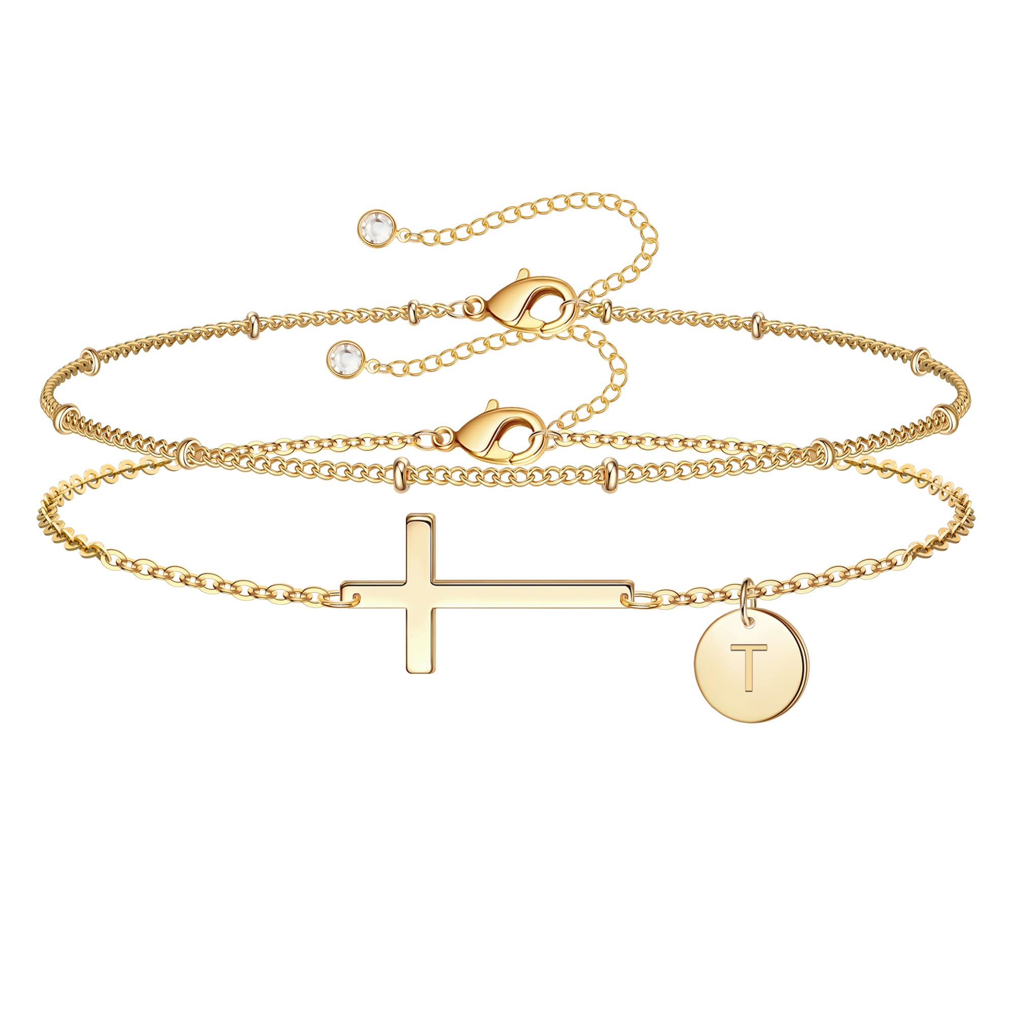 TINGN Armband Damen Gold, 14K Vergoldete Gold Perlen Armband mit Buchstaben T Jesus Kreuz Armbänder Damen Goldschmuck Personalisiertes Geburtstagsgeschenke Taufe Geschenk für Frauen Freundin Mama Oma