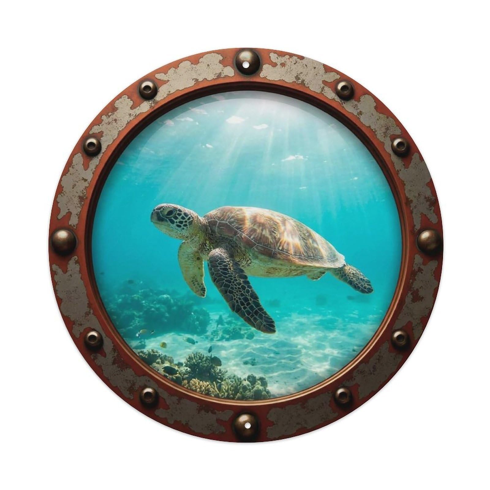 Vintage Porthole Sea Turtle Swimming View Vintage Metal Tin Sign Plaque Wall Decor for Cafe, Club Bar, Office, Garden Metal Poster 8x8Inch