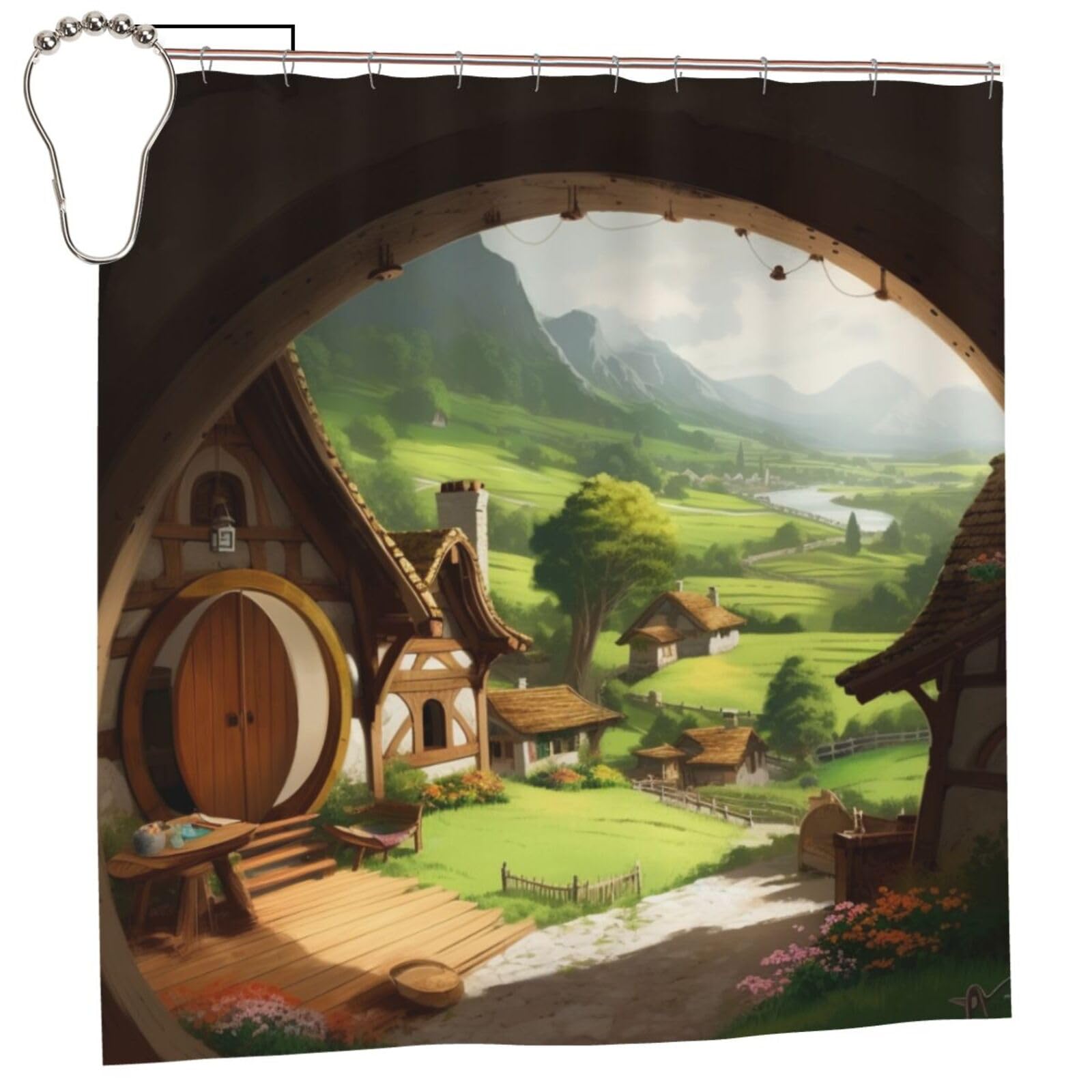BWWHCCTI Beautiful village Printed Shower Curtain With 12 Iron Hooks Opaque Quick Drying Waterproof Shower Curtains Sets For Bathroom 183x183 CM
