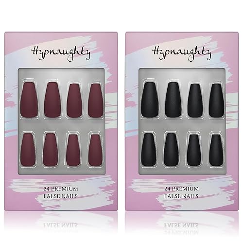 Hypnaughty Uñas a presión Uñas reutilizables con kit de ataúd mate, color granate Xtreme y negro, modernas y de calidad de salón