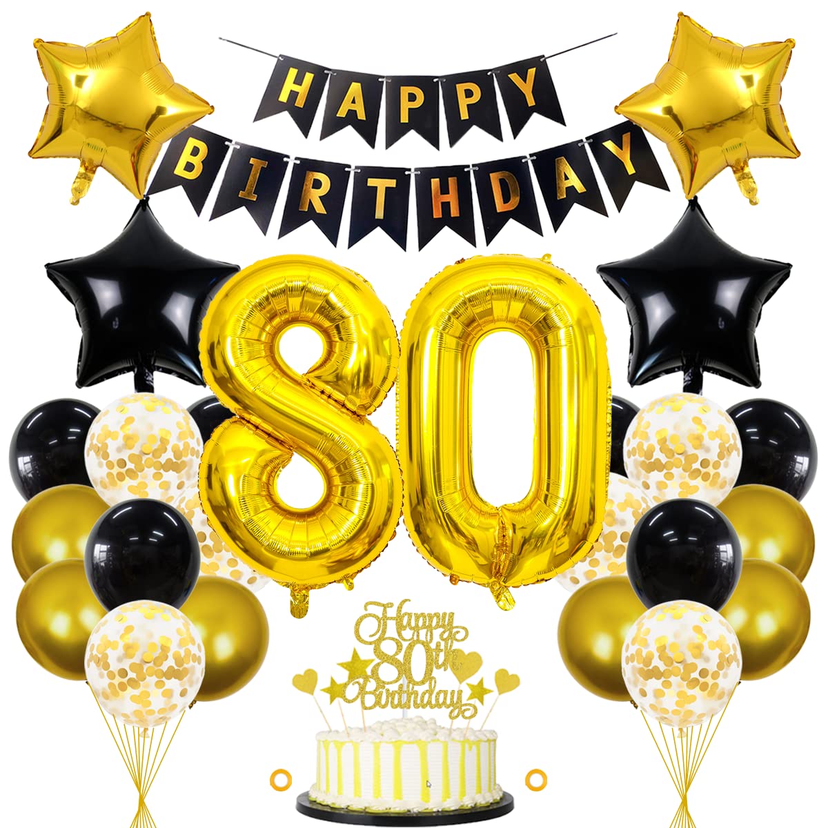 Jxuzh 80. Geburtstag Dekorationen Schwarz-Gold Deko für Männer & Frauen - Luftballons, Girlande & Luftballons für Kindergeburtstag & 80. Geburtstag