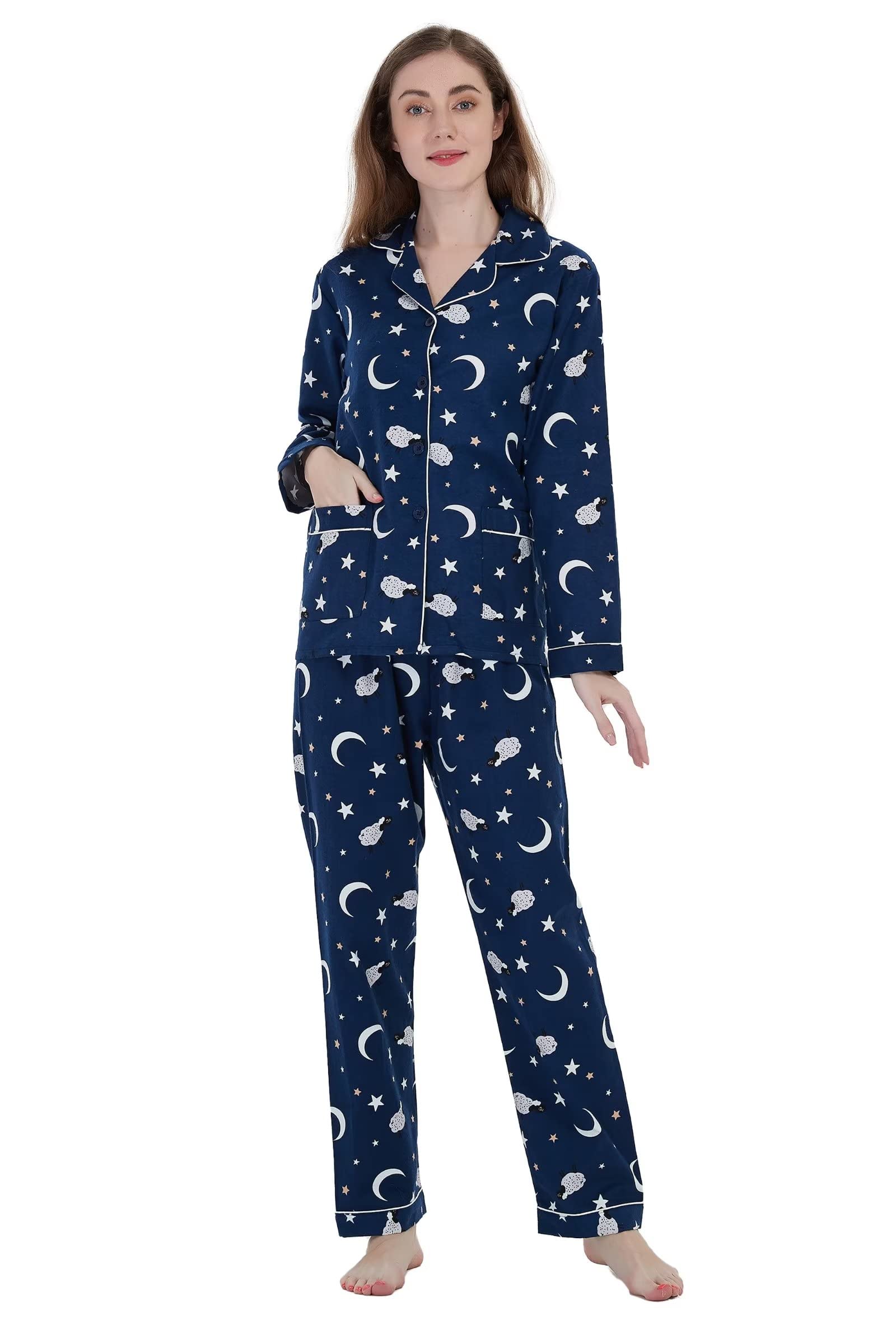 GLOBAL Women's Flannel Pajamas Set 100% Cotton PJs for Women Long Sleeve Button Drawstring Waist Warm Loungewear Sleepwear