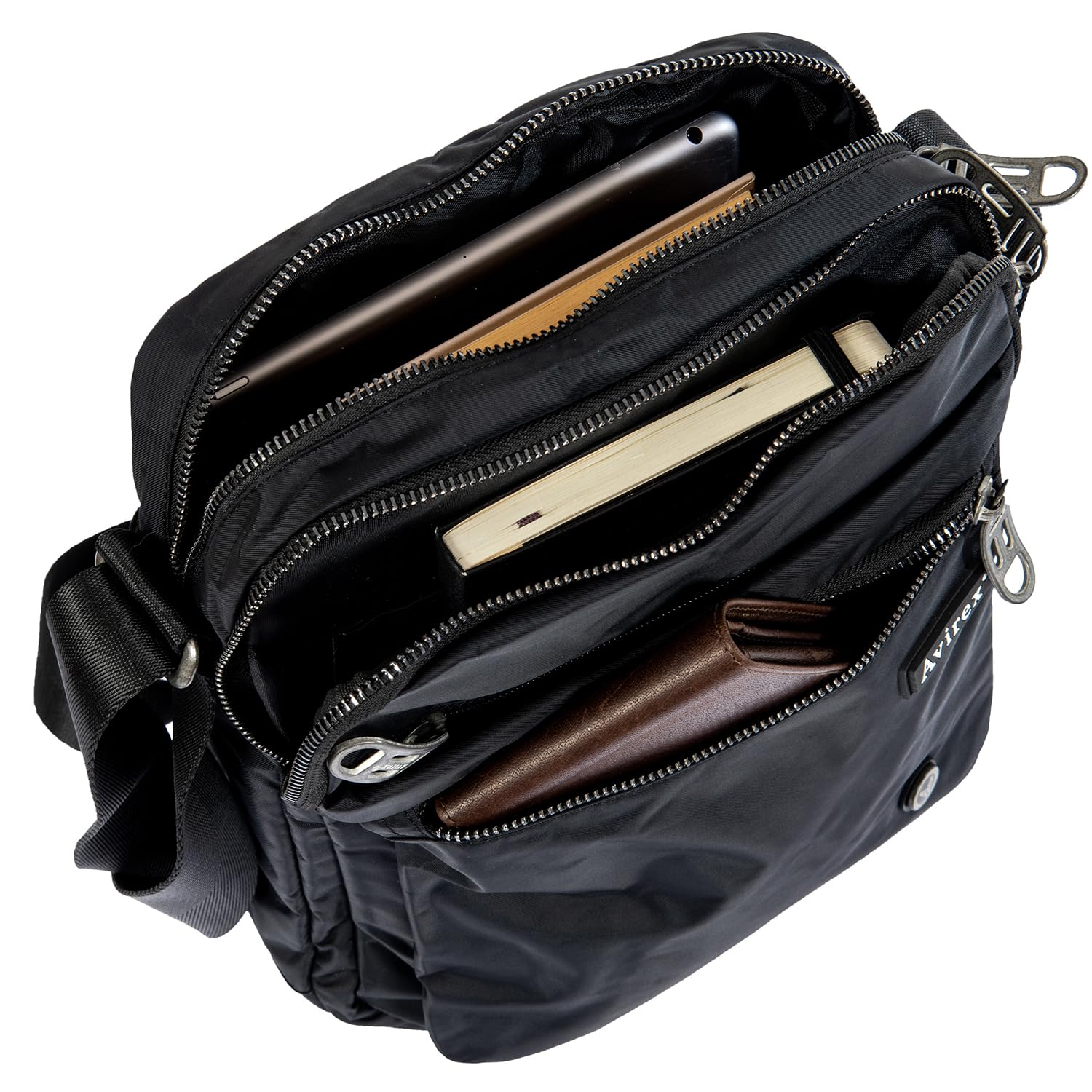 Avirex Borsello Uomo con Tracolla Regolabile, in Poliestere Lavabile, Borsa a Tracolla Uomo con Tasche a Zip, Collezione Bomber BMB04 (Nero)