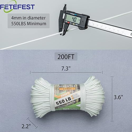 Miniatura 3 de Paracord blanco 550, cuerda de paracaídas Mil-Spec de 200 pies, cuerda de nailon 100% en equipo y equipo de supervivencia, cuerda resistente para
