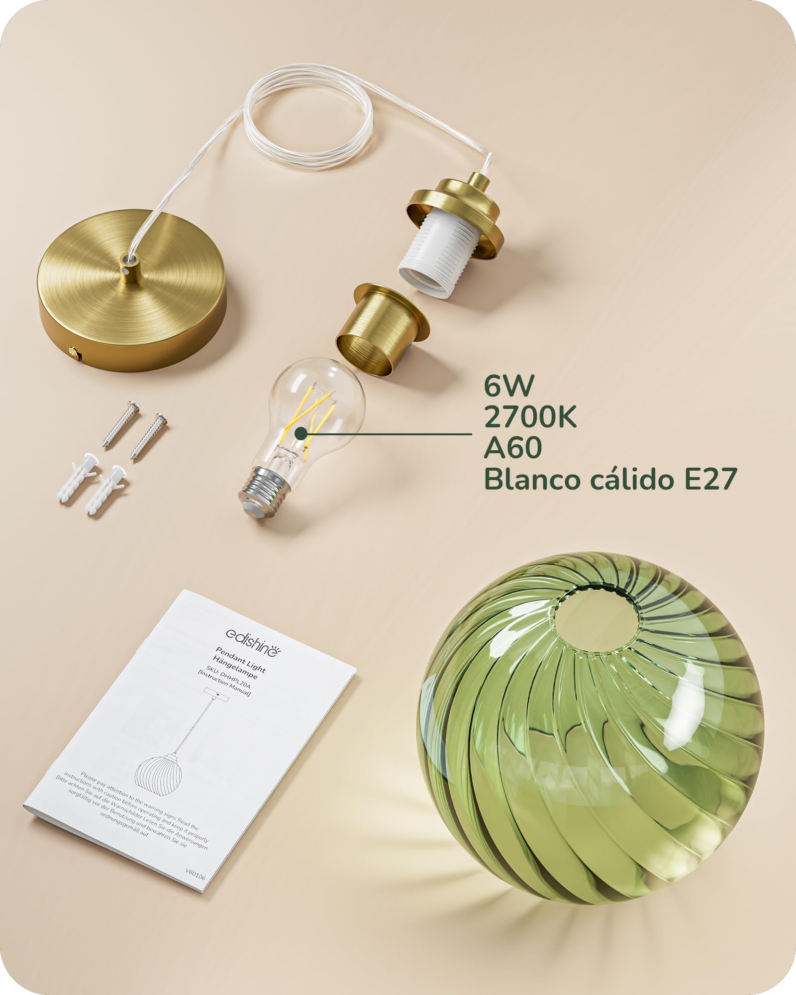 EDISHINE Lámpara Colgante Cristal Ondulado, Verde Menta, Regulable 1,5 m