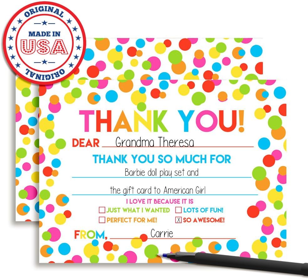 Polka Dot Rainbow Theme Kids Birthday Party Thank You Cards, 10 Fill-In 4x5.5 Notes with Envelopes, Colorful Neon Fun Design for Child Appreciation, Made in USA by Amanda Creation - Image 3