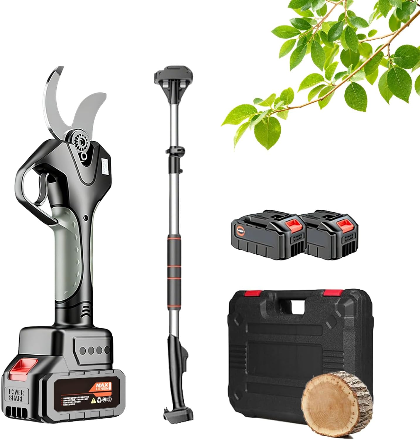 Electric Pruning Shears Scissors Cordless Pruner with 2.1m Extension Pole, Professional Battery Powered Branch Cutters for Orchards, Max Cutting Diameter 50mm,2Battery