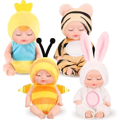Hanaive 4 Pcs 4 Inch Mini Baby Dolls Lifelike Realistic Baby Dolls Animal Clothes Cute Tiny Gifts for Kids Birthday Party(Vivid Style)