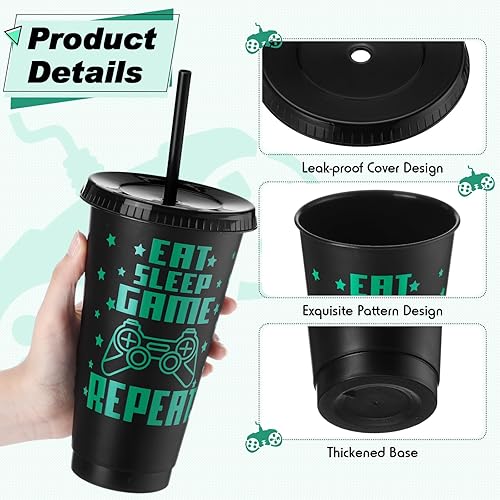 Vista 45 de Mifoci Vasos de plástico para videojuegos con tapas y pajitas, vaso reutilizable con tapa y pajita, lindo vaso de viaje para café helado, botella