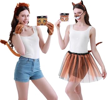 Lion Tiger Halloween Cosplay Costume Set, Animal Costume Plush Headband Tail Gloves Women Carnival Dress up Accessories