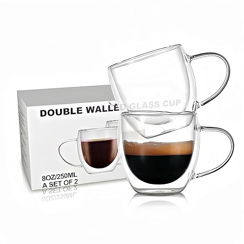 WEECHUNG Juego de 2 tazas de café de vidrio de doble pared de 8 onzas, tazas de café de vidrio aisladas, tazas de vidrio con asas, taza de vidrio de