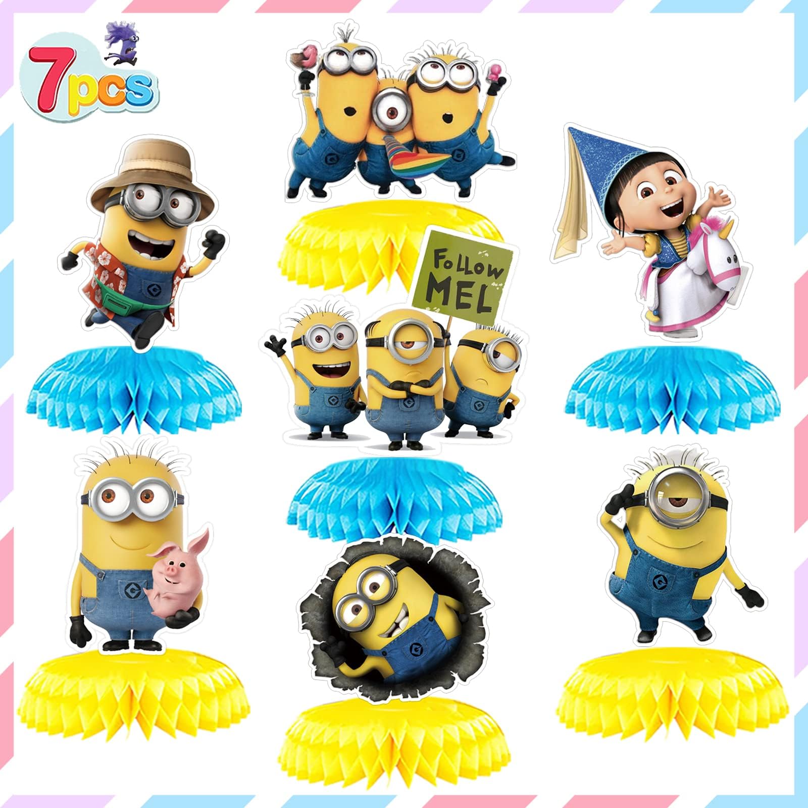 7Pcs Minions Birthday Party Decorations Table Centerpieces, 3D Double Sided Paper Honeycomb Ornament Kit, Minions Party Supplies Gifts Favors Kids' Baby Shower Cake Topper Photo Booth Props Teen Girls and Boys