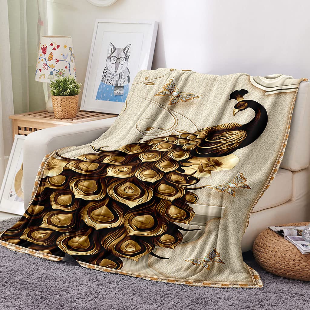 Coperta In Pile Di Pelliccia Sintetica Per Divano E Letto, Pavone Animale Dorato Stampata Coperta Matrimoniale Invernale Di Flanella 180X200Cm Morbida, Calda E Accogliente, Fluffy