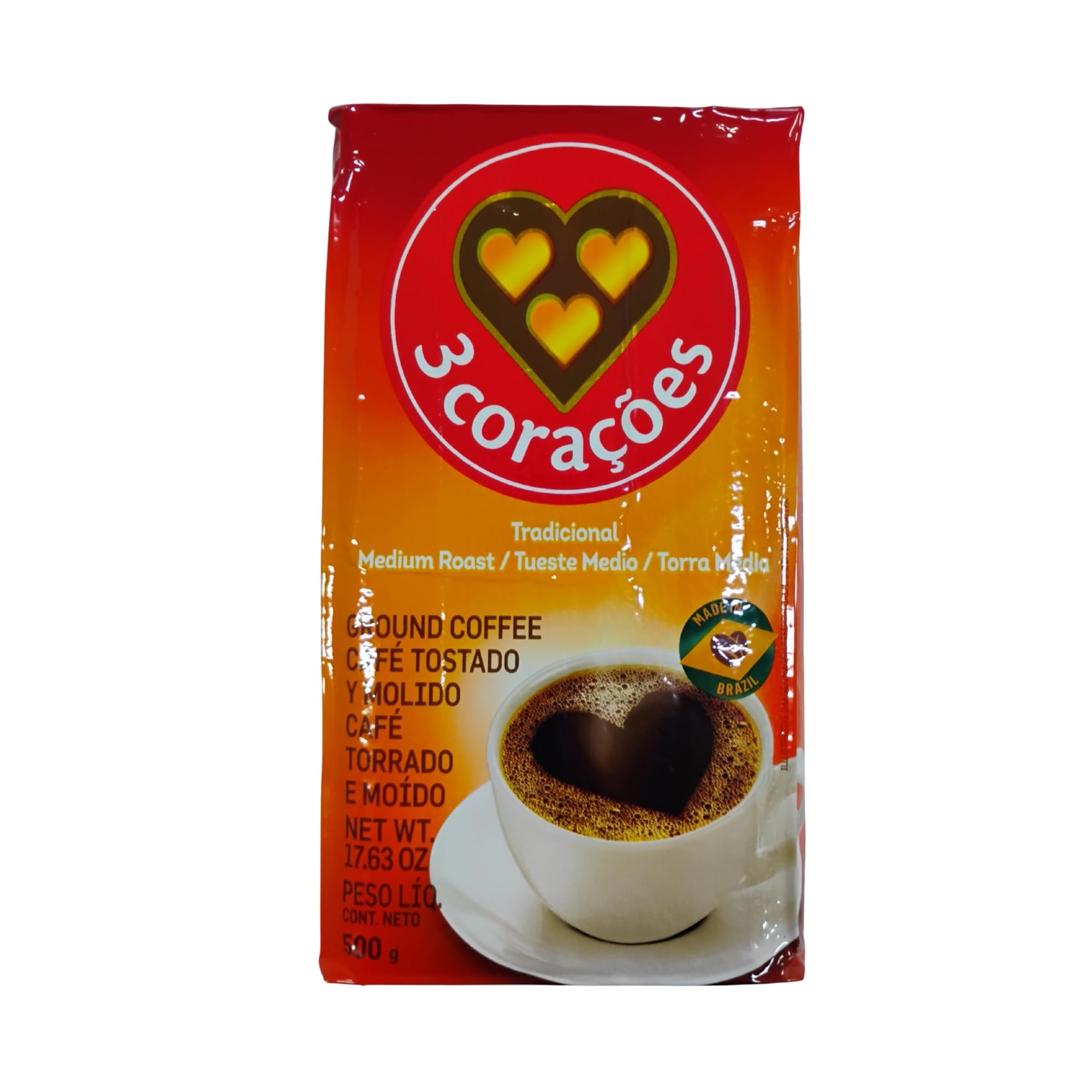 3 CORAÇÕES Traditional Ground Coffee - 17.6 ounces - Vacuum Sealed Pack of 1