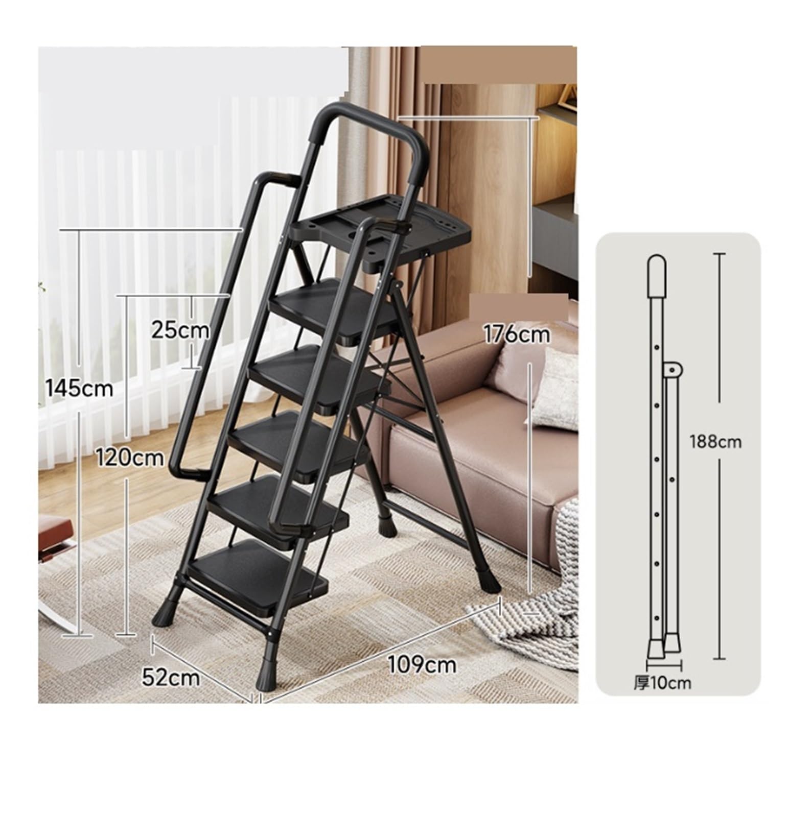 Escalera Plegable de 5 escalones con pasamanos Desmontable