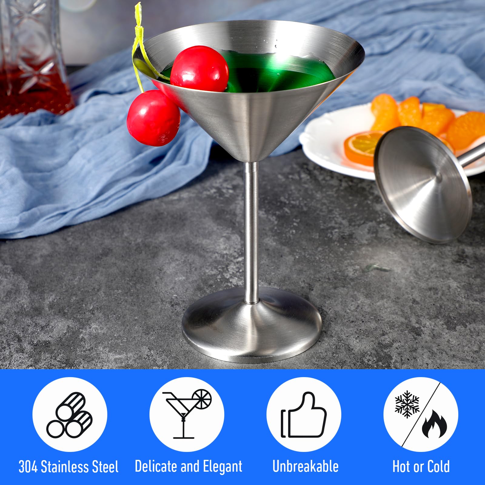 Confezione da 4 bicchieri da Martini in acciaio inox, bicchieri da Martini in metallo, infrangibili, pronti da viaggio, set da 250 ml, infrangibili con finitura sabbiata