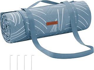 SONGMICS Manta de Picnic, 300 x 200 cm, con 4 Estacas de Suelo, Manta Grande, para Camping, Parque, Jardín, Playa, Impermeable, Lavable a Máquina, Plegable, Motivo de Hojas y Azul Claro GCM310Q03