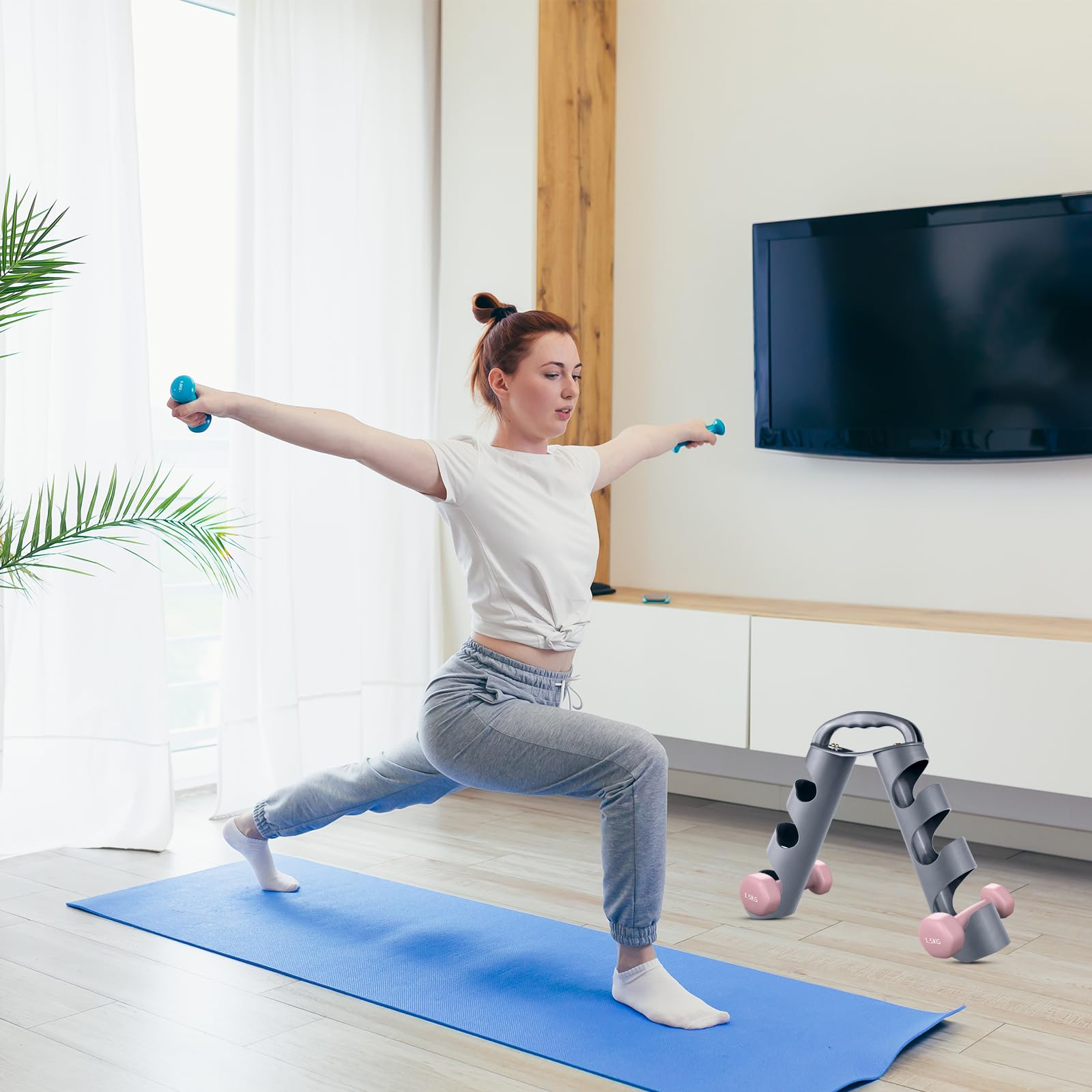 3-poziomowy regulowany obrotowy uchwyt na hantle, kompaktowa organizacja fitness do domu siłowni biurowej, nowoczesny design szary