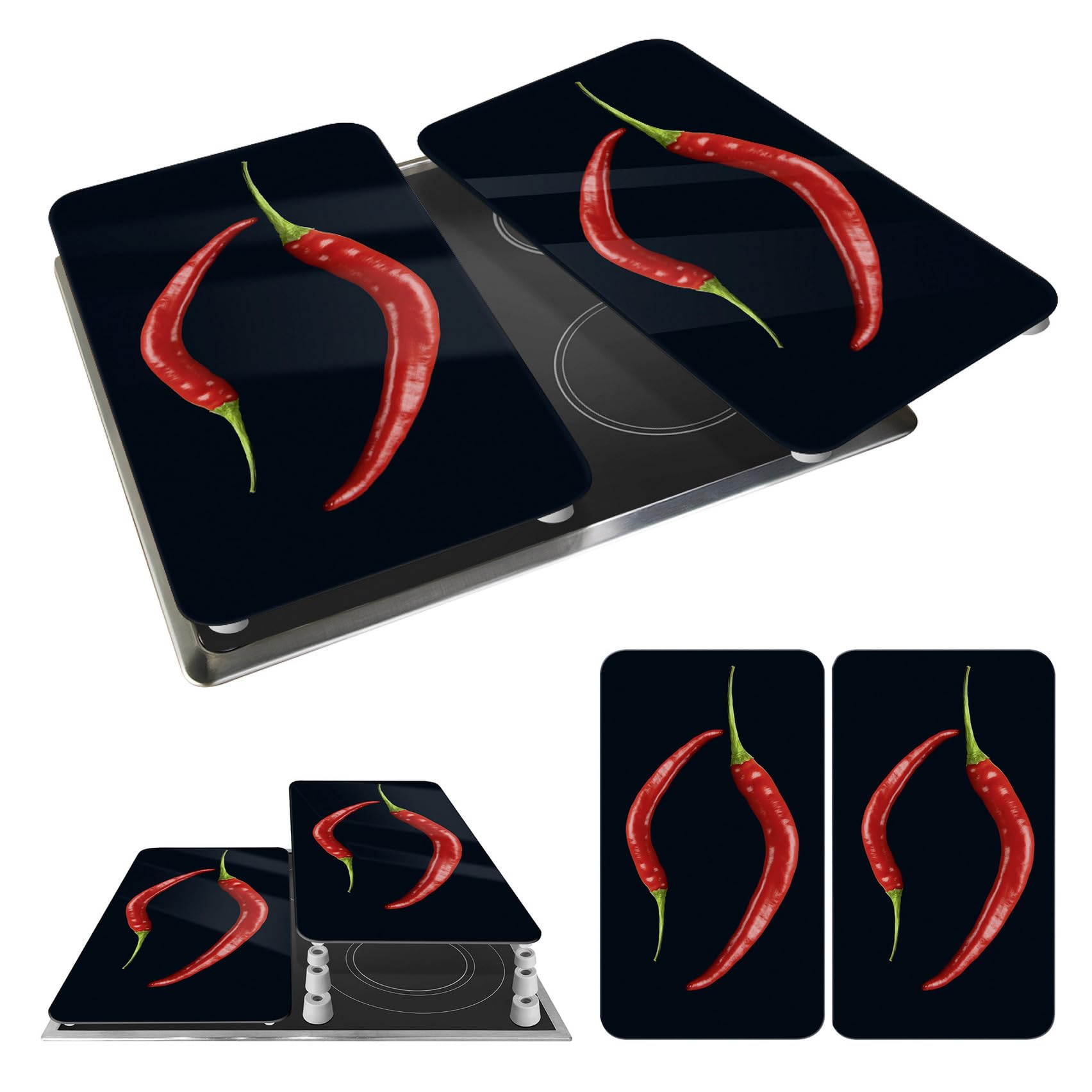 Maximex Cubierta de cocina Universal Peperoni Duo negra, juego de 2 piezas para todos los tipos de cocinas, Vidrio endurecido, 30 x 1.8-5.5 x 52 cm, Multicolor