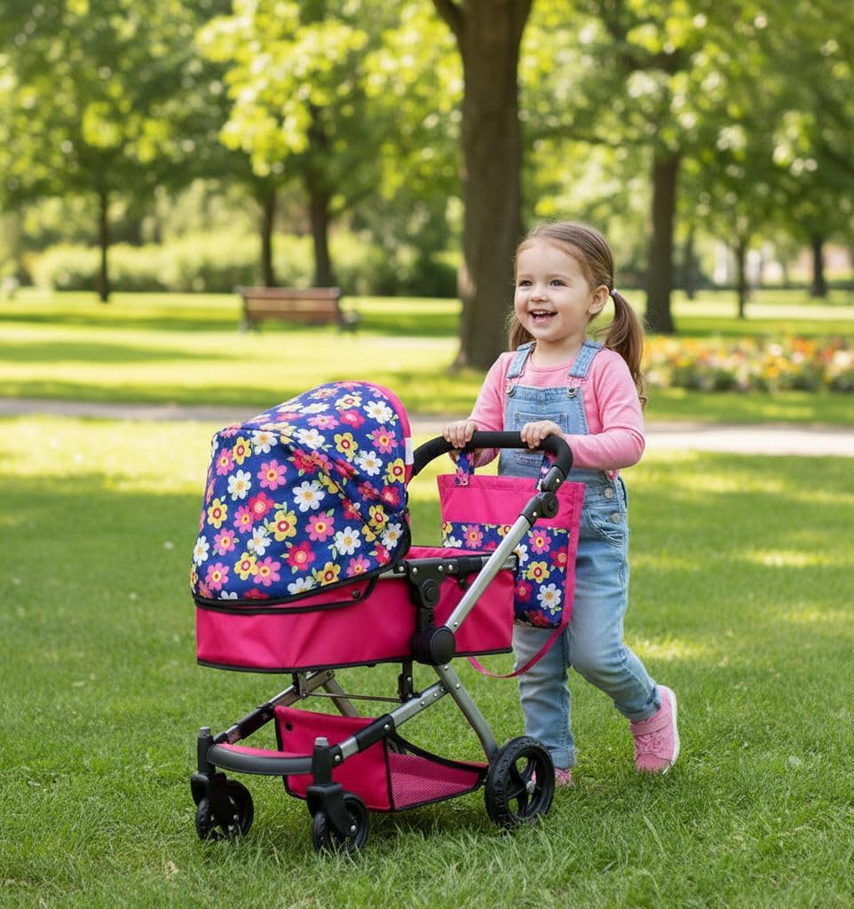Fash N Kolor | Foldable Pram for Baby Doll with Flower Design with Swiveling Wheel Adjustable Handle Bassinet Stroller with Baby Doll, Convertible Seat, and Basket, and Free Carriage Bag