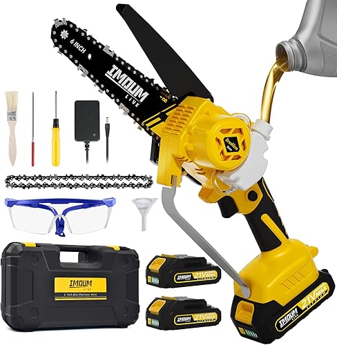 IMOUMLIVE - Mini motosierra inalámbrica de 6 pulgadas con batería de 2 × 21 V, sin escobillas, potente motosierra eléctrica portátil de mano con