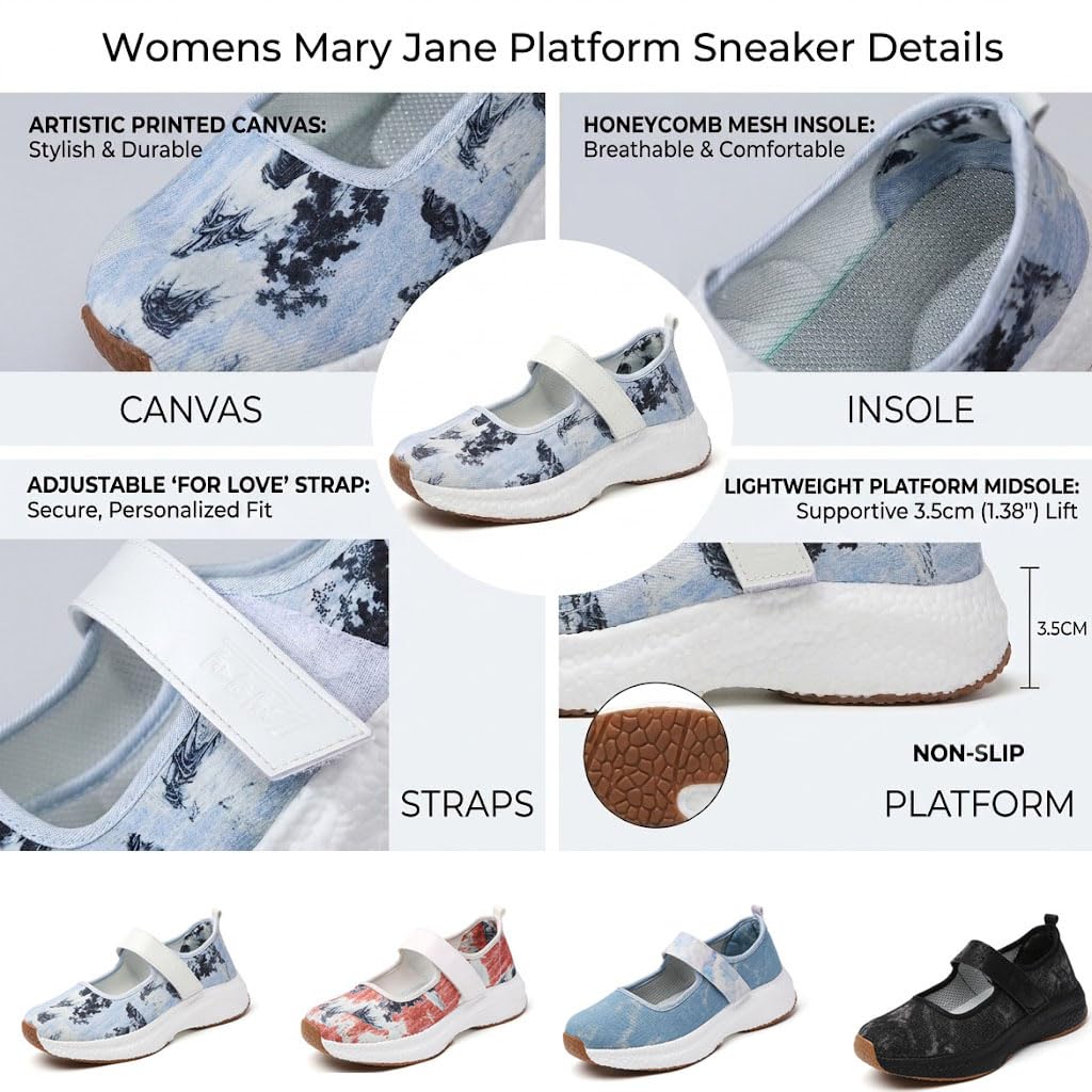 Scarpe da ginnastica Mary Jane da donna in denim con cinturino, eleganti ballerine Mary Jane con punta larga, casual, per tennis, viaggi, vacanze, attività all'aperto