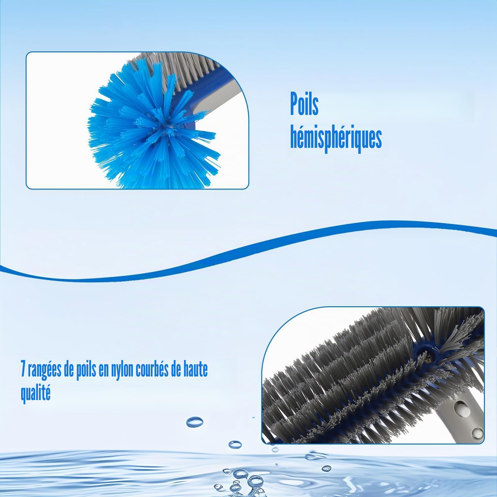Brosse pour Piscine avec Manche Télescopique 220cm – Balai Nettoyage 43cm, Extrémités Rondes pour Protection – Kit Accessoire Réglable – Idéal Piscine Hors-Sol & Creusée