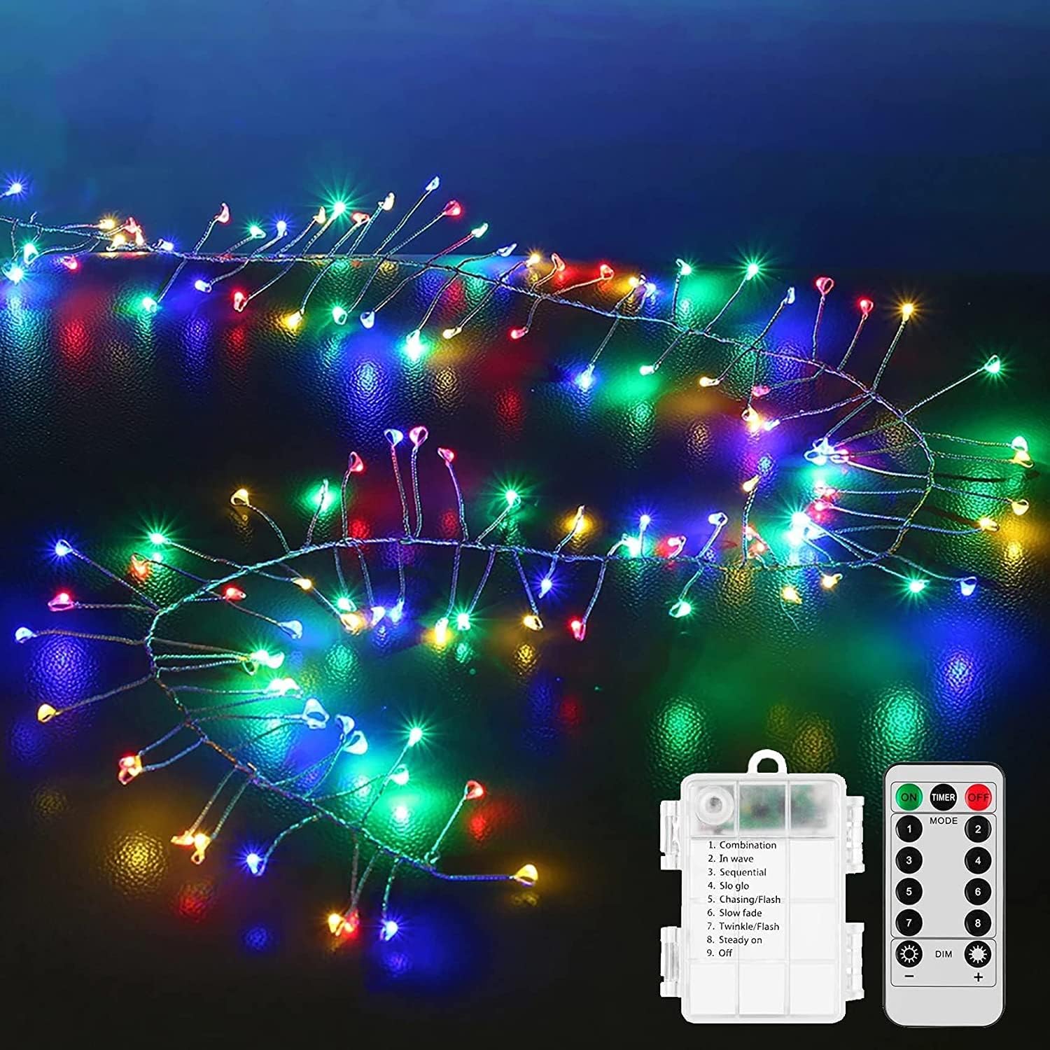 Fairy Lights with Remote - Firecrackers String Lights 16.69Ft 200 LED Waterproof Cluster Christmas Lights, Battery Operated Fire Crackers Garland for Bedroom, Garden, Party Decor (colorful)