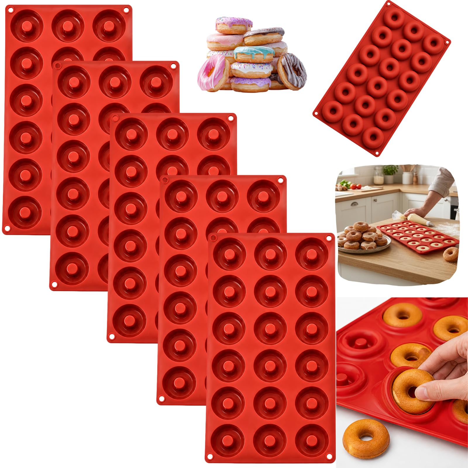 5 Pack Silicone Donut Mould 18 Cavity Non Stick Mini Doughnut Baking Tray Flexible Reusable Pan for Oven Microwave Freezer Dishwasher Safe Cake Biscuit Chocolate Maker โ image 1