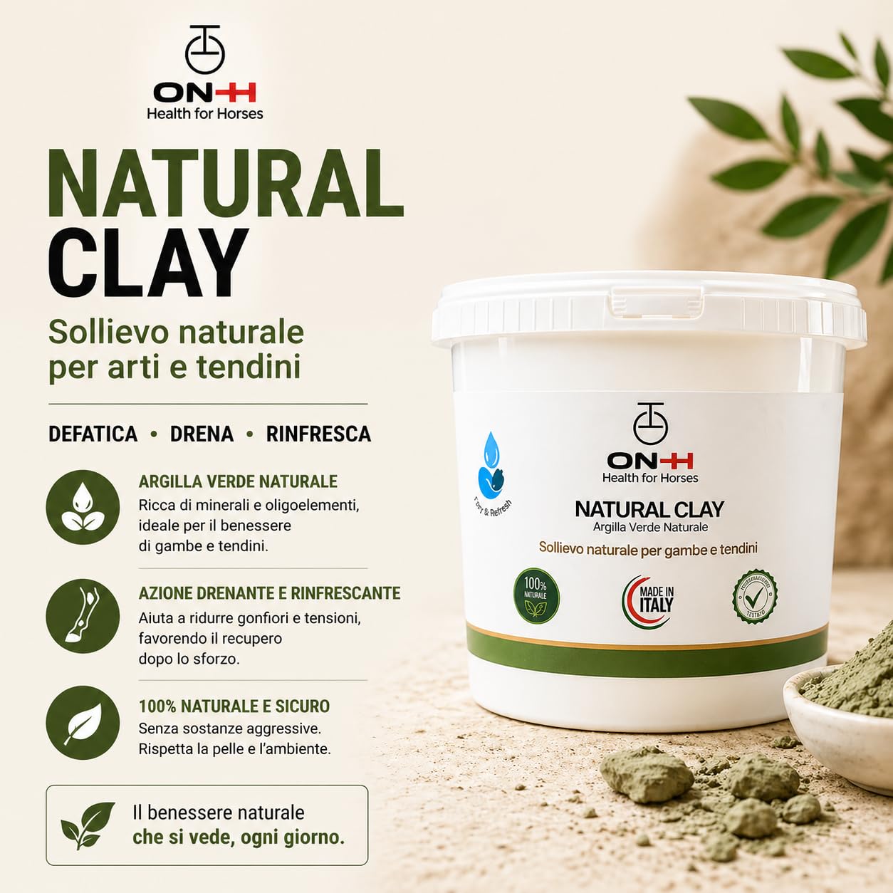 ON-H Natural Clay Argilla Verde per Cavalli 3 kg | Impacco Naturale per Muscoli, Tendini e Articolazioni | Effetto Rinfrescante | Ideale Dopo Allenamento, Gara e Lavoro Intenso Cavallo Sportivo