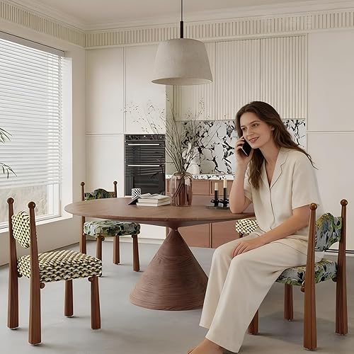 Miniatura 2 de Sillas de comedor de madera, juego de sillas de comedor de tela de lino, sillas de acento con respaldo, silla de maquillaje medieval sin brazos